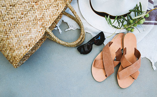 Sandals, Sunglasses, rattan bag