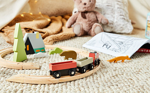 train set, teddy bear, coloring book, blanky